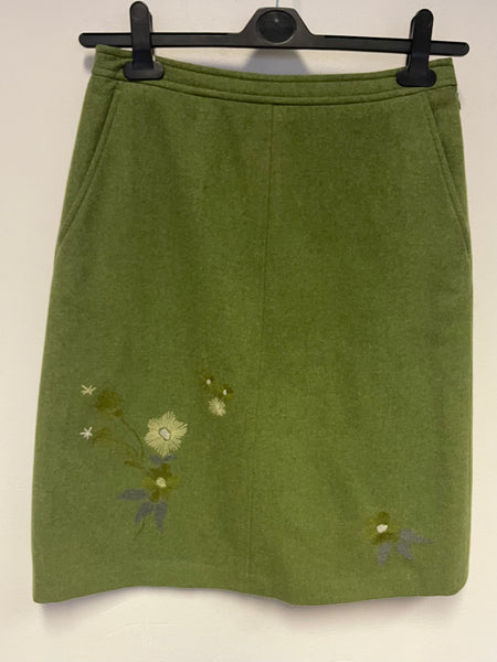 CERRUTI CLUB GREEN 100% WOOL FLORAL EMBROIDERED FRONT A-LINE SKIRT SIZE 12