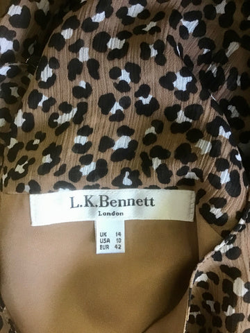 LK BENNETT DAKOTA BROWN ANIMAL PRINT LONG SLEEVE CHIFFON DRESS SIZE 14