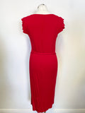 JAEGER RED STRETCH JERSEY FRILL CAP SLEEVED TIE BELT PENCIL DRESS SIZE 12