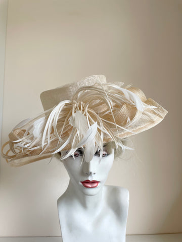 BRAND NEW HAT COMPANY CREAM/ NATURAL FEATHER TRIM FORMAL HAT