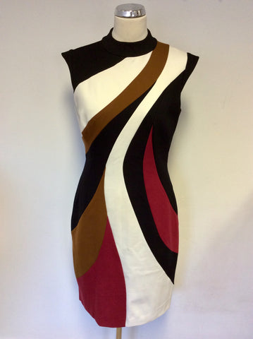 KAREN MILLEN RED,WHITE,BLACK & TAN PENCIL DRESS SIZE 14