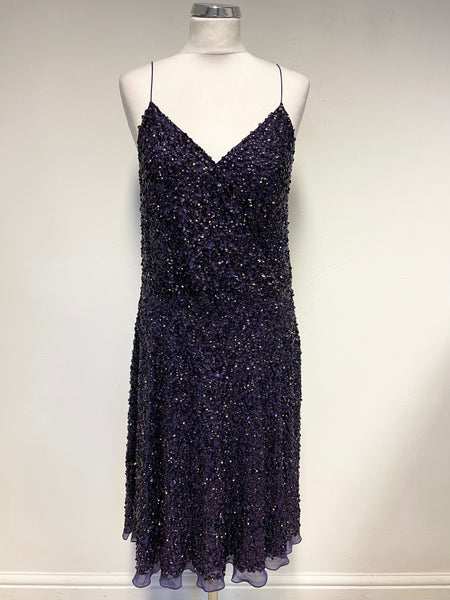 HOBBS PURPLE SEQUINNED SILK STRAPPY COCKTAIL DRESS  SIZE 12