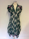 EUCALYPTUS GREEN & WHITE FLORAL PRINT PARACHUTE HITCH SKIRT DRESS SIZE L UK 14