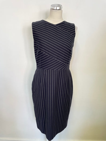 HOBBS NAVY BLUE & WHITE STRIPED SLEEVELESS PENCIL DRESS SIZE 12