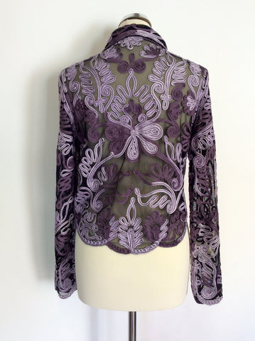 PHASE EIGHT BLACK MESH WITH LILAC & MAUVE APPLIQUÉ BLOUSE SIZE 12