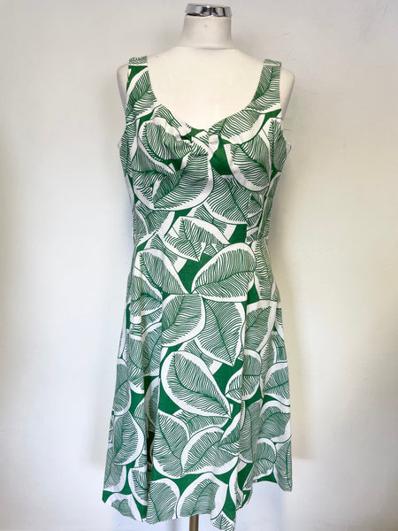 HOBBS GREEN & WHITE LEAF PRINT LINEN SLEEVELESS A LINE DRESS SIZE 12