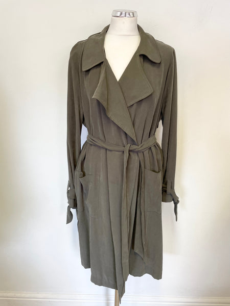 NINE BY SAVANNAH MILLER KHAKI GREEN TIE BELT TRENCH COAT SIZE 14