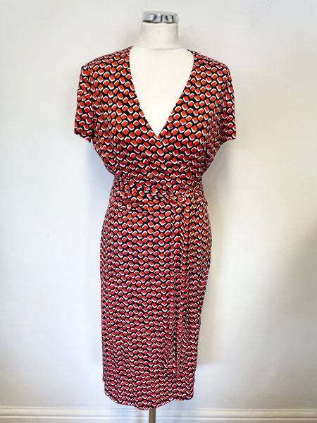 HOBBS RED,WHITE & BLACK PRINT SHORT SLEEVE WRAP DRESS SIZE 12