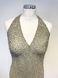 HOBBS SILVER GREY BEADED & SEQUINNED LONG HALTERNECK DRESS & MATCHING BOLERO SIZE 12