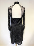 KAREN MILLEN BLACK LACE & SILK TRIMMED LONG SLEEVED PENCIL DRESS SIZE 14