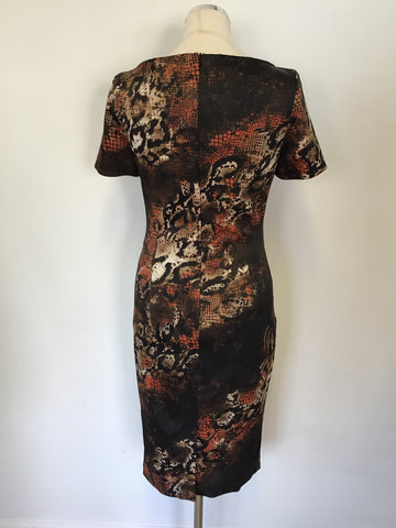 KAREN MILLEN BROWN,IVORY & ORANGE SNAKESKIN PRINT DRESS SIZE 12