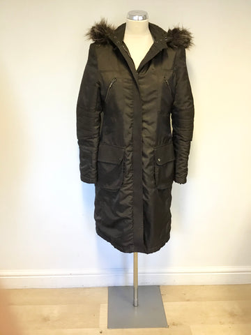 KAREN MILLEN DARK BROWN DETACHABLE FAUX FUR COLLAR COAT SIZE 12