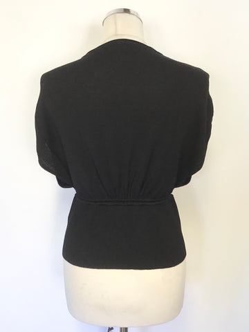 KAREN MILLEN BLACK FINE KNIT CAP SLEEVE TIE FRONT TOP SIZE 3 UK 12