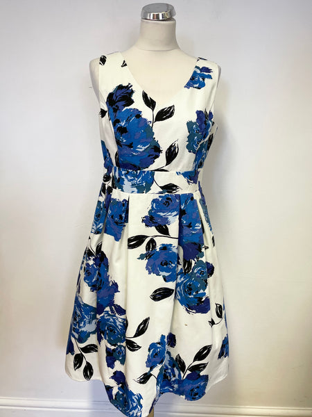 MONSOON IVORY & BLUE FLORAL PRINT SLEEVELESS FIT & FLARE DRESS SIZE 14