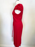 JAEGER RED STRETCH JERSEY FRILL CAP SLEEVED TIE BELT PENCIL DRESS SIZE 12