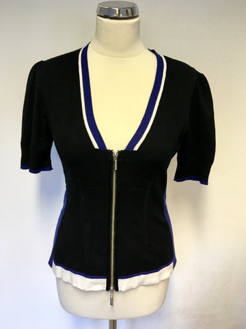 KAREN MILLEN BLACK, WHITE & BLUE SHORT SLEEVE ZIP UP CARDIGAN SIZE 4 UK 14