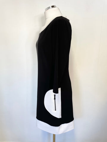 JOSEPH RIBKOFF BLACK & WHITE TRIMMED 3/4 SLEEVE SHIFT DRESS SIZE 12