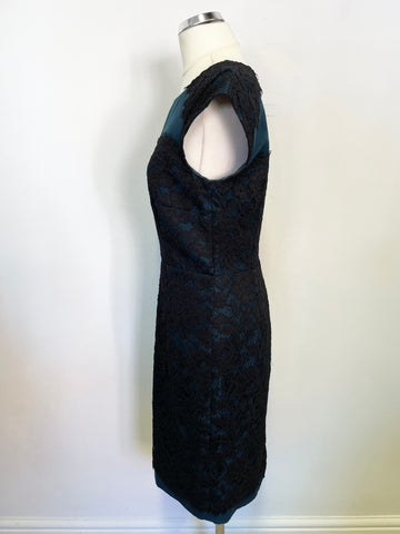 LK BENNETT LAVINIE TEAL & BLACK LACE SPECIAL OCCASION PENCIL DRESS SIZE 10