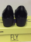 BRAND NEW FLY LONDON YOKO BLACK PATENT LEATHER WEDGE HEEL SHOES SIZE 7/40