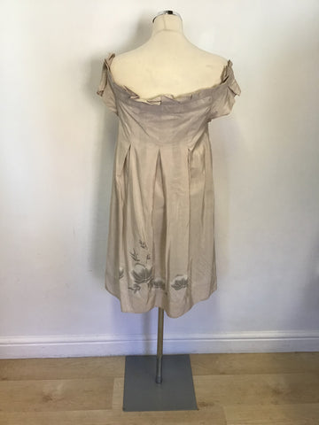 TED BAKER BEIGE SILK & COTTON WIDE NECKLINE EMBELLISHED DRESS SIZE 2 UK 10/12