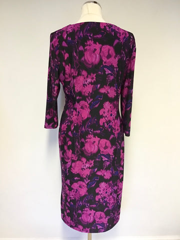 PRÉCIS BLACK & FUSHIA PINK FLORAL PRINT 3/4 SLEEVE DRESS SIZE 14