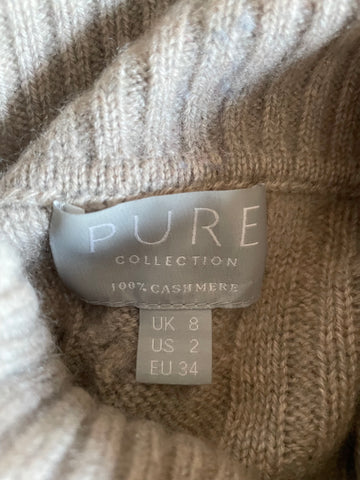 PURE COLLECTION OATMEAL BEIGE 100% CASHMERE CABLE KNIT POLO NECK JUMPER SIZE 8