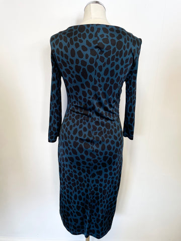 LK BENNETT CELOSIA TEAL & BLACK PRINT 3/4 SLEEVE PENCIL DRESS SIZE 12