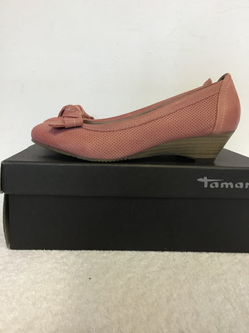 BRAND NEW TAMARIS PINK LEATHER BOW TRIM WEDGE HEELS SIZE 7.5/41