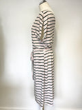 WEEKEND BY JOHN LEWIS IVORY,BLACK & PINK STRIPE STRETCH JERSEY TIE BELT DRESS SIZE 14