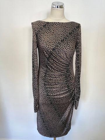 LK BENNETT BROWN & BLACK PRINT SILK DRAPED LONG SLEEVE PENCIL DRESS SIZE 12