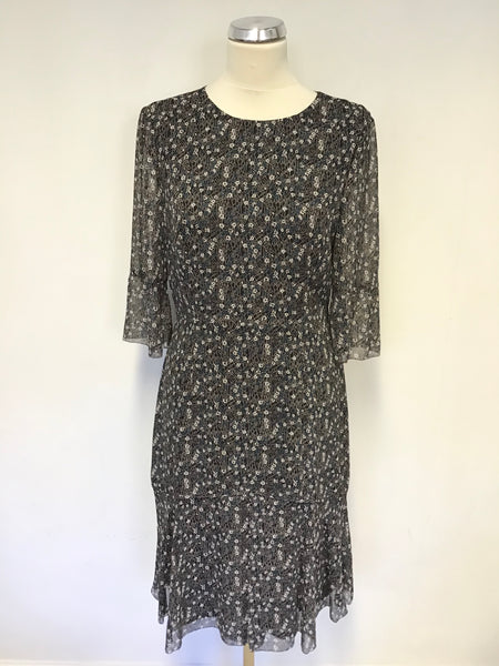 LK BENNETT BLACK,GREEN & WHITE FLORAL PRINT SILK TEA DRESS SIZE 12