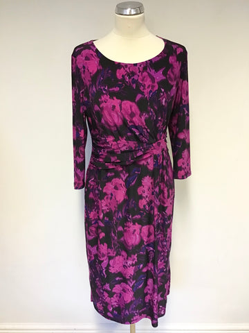 PRÉCIS BLACK & FUSHIA PINK FLORAL PRINT 3/4 SLEEVE DRESS SIZE 14