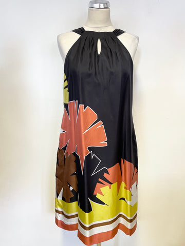 HOBBS BLACK, LIME,ORANGE & BROWN SILK OPEN SHOULDER SHIFT DRESS SIZE 12