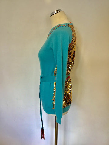 MANOUSH TURQUOISE FLORAL BEADED TRIM & GOLD SEQUINNED TIE BELT JUMPER SIZE M