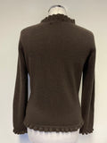 PURE COLLECTION BROWN 100% CASHMERE FRILL EDGED CARDIGAN SIZE 12