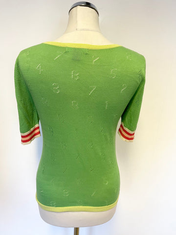 ORLA KIELY GREEN FINE KNIT NUMBERED DESIGN SHORT SLEEVE TOP SIZE S