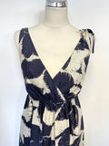 LK BENNETT NAVY BLUE & IVORY FLORAL PRINT 100% SILK SLEEVELESS MAXI DRESS SIZE 12