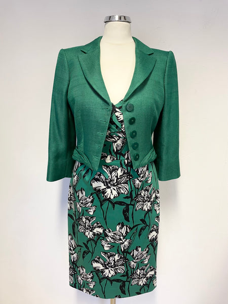 HOBBS INVITATION EMERALD GREEN FLORAL DRESS & BOW TRIM JACKET SUIT SIZE 8