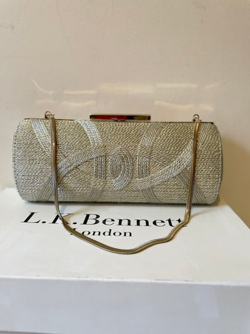 LK BENNETT CHAMPAGNE BRAIDED ROPE & GOLD TRIM HARD BODY CLUTCH/ SHOULDER BAG