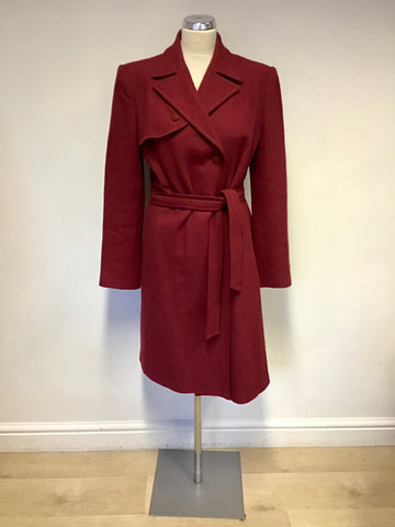 RONIT ZILKHA RED HARRIS TWEED 100% WOOL TIE BELT KNEE LENGTH COAT SIZE 12