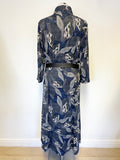 K DESIGN BLUE & GREY PATTERNED 3/4 SLEEVE BELTED MIDI DRESS SIZE XL