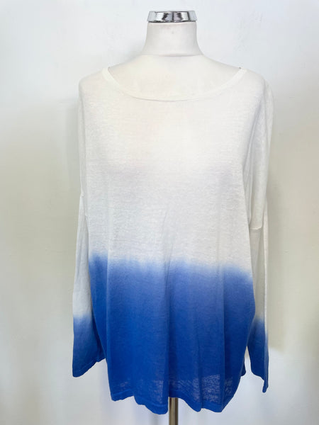 PHASE EIGHT WHITE & BLUE DIPPED HEMLINE LINEN BLEND FINE KNIT JUMPER SIZE S