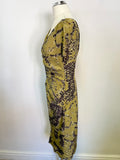 TED BAKER GREEN PRINT SILK CAP SLEEVED PENCIL DRESS SIZE 2 UK 10