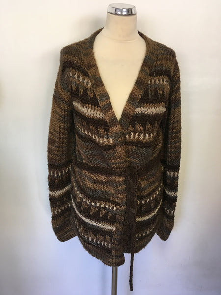 MULBERRY BROWN CHUNKY KNIT WITH LEATHER WEAVE BELTED CARDIGAN SIZE S