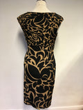 PHASE EIGHT BLACK & CAMEL PRINT COWL NECKLINE PENCIL DRESS SIZE 12