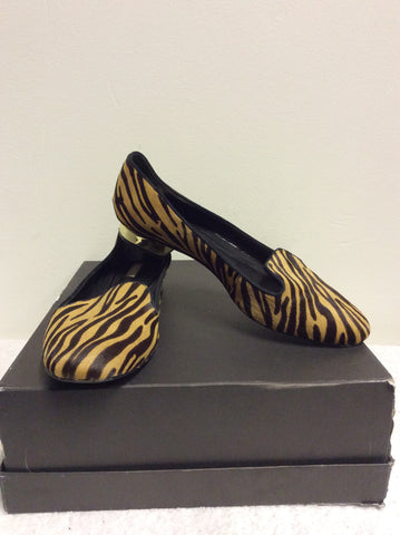 SCHUTZ DARK BROWN & CAMEL ZEBRA PRINT PONYSKIN FLATS SIZE 5/38