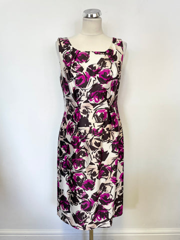 LK BENNETT IVORY BLACK & MAGENTA FLORAL PRINT SLEEVELESS PENCIL DRESS SIZE 12