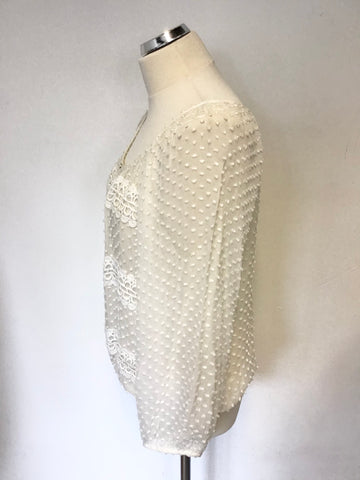 MINT VELVET IVORY SILK & COTTON CROCHET LACE 3/4 SLEEVE TOP SIZE 14