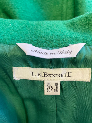 LK BENNETT EMERALD GREEN WOOL DOUBLE BREASTED KNEE LENGTH PEA COAT SIZE 10