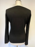 LK BENNETT BLACK SILK, COTTON & CASHMERE BLACK & IVORY TRIM FINE KNIT CARDIGAN SIZE M